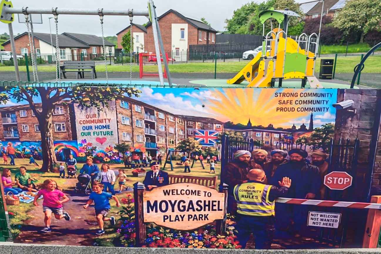 PSNI remove ‘hateful and racist’ anti-immigration banner from children’s play park as criminal probe launched